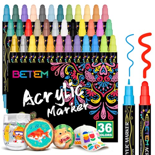 Betem 36 Colores Rotuladores Acrilicos Doble Punta, Marcadores Acrílicos para Pintar Piedras, Tela, Madera, Lienzo, Cerámica, Graffiti, Vidrio, Rotuladores Lettering para Artesanías