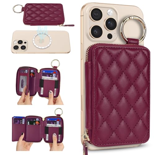 Image of Compatible with MagSafe Wallet,Magnetic Phone Wallet Card Holder for iPhone 17 /16 Pro Max /15 Pro /14 Plus /13 /12 Series,PU Leather Zipper Pocket Adjustable Stand-Rose red