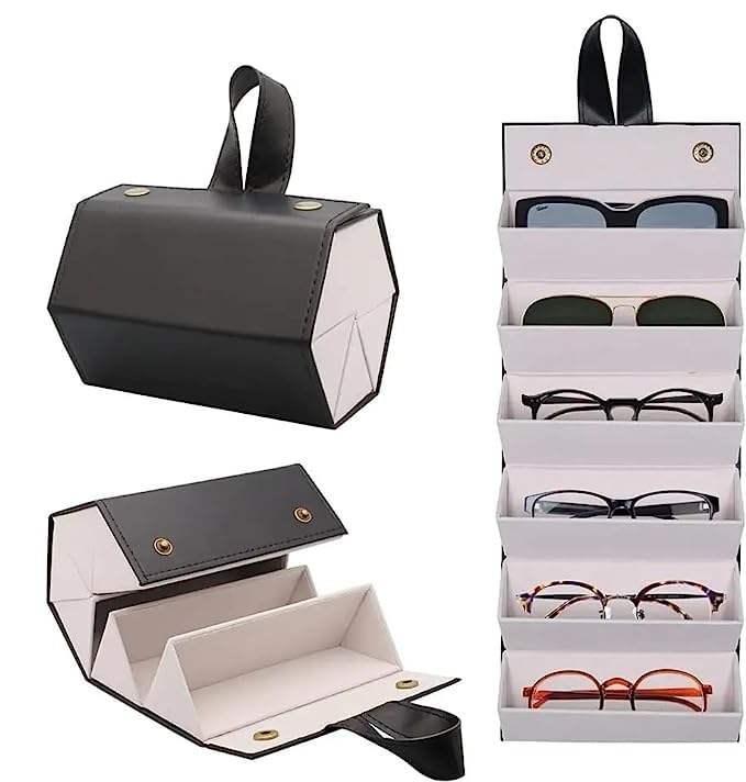 glitzen Sunglasses Organizer with 6 Slots, Travel Glasses Case Storage Portable Sunglasses Storage Case Bag Foldable Eyeglasses Holder Box Eyewear Display Containers for Women Men (BLACK)-picture-37