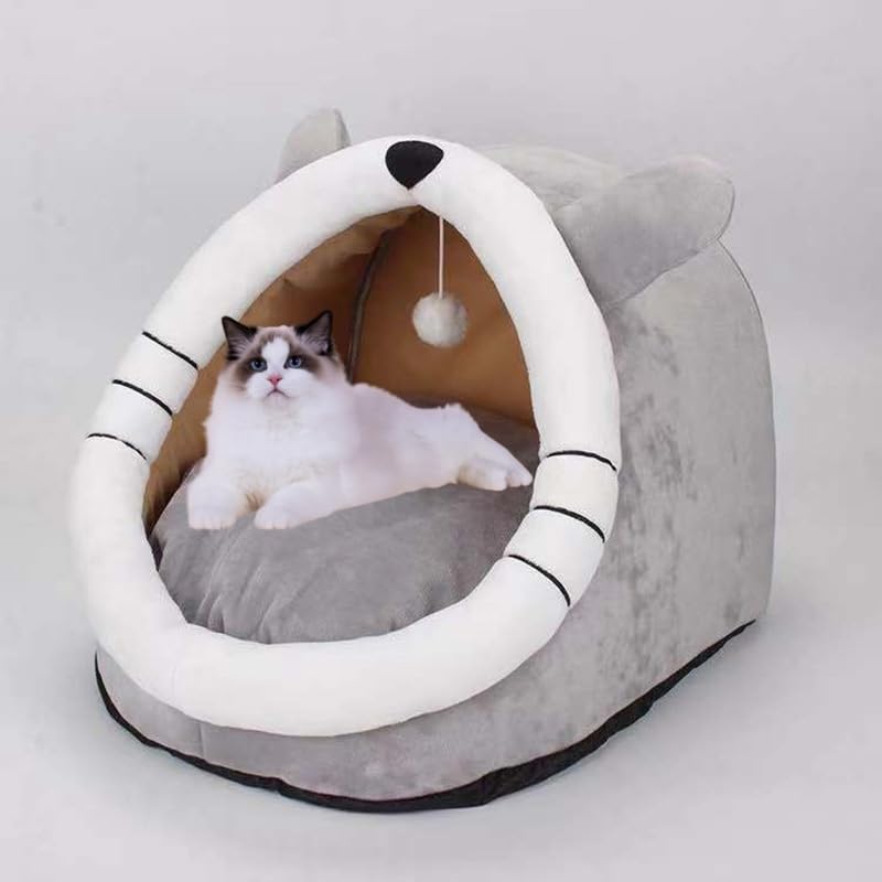 سرير قطط مناسب للقطط المنزلية، سرير بتصميم كهف نصف مغلق للقطط مع كرة من القطيفة، يوفر مساحة كبيرة للقطط كي تنام فيها، سرير قطط مغطى ومريح وناعم مع حصيرة قابلة للفصل والغسل
