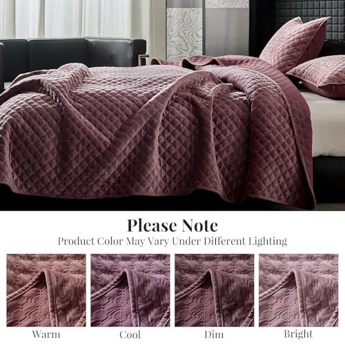 WARMDERN Velvet Quilt Queen Size, Luxury Geometric Stitch Quilt Set, Lightweight Diamond Patterned Bedspread and Coverlet, Soft Comforter for All Seasons, Purple, 90" x 96"