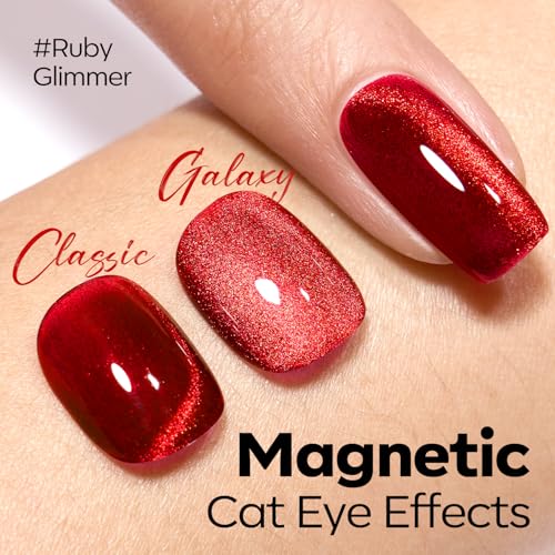 Image of modelones Red Cat Eye Gel Nail Polish Magnetic Glitter Holographic Red Ruby Gel Polish Reflective Jelly Translucent UV Gel Manicure 15 ML