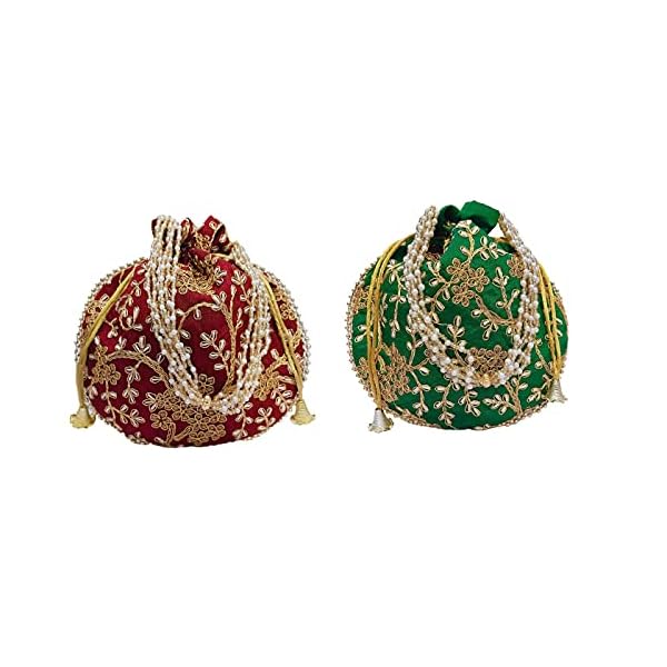 Truvic Potli bag (Pack of 2 Potli) Maroon, Green Matka Designer handbags for Women wedding party and Return gift potli bags for party accessories .Outer Golden Embroidered Design