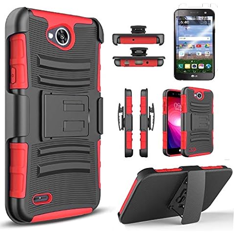 Circlemalls Compatible for LG Fiesta 2 /LG X Charge/LG X Power 2 /LG Fiesta LTE Case, with [Tempered Glass Screen Protector Included], Armor Heavy Duty Kickstand Cover with Belt Clip Holster - Red Cover
