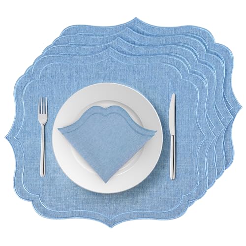 ElasignShopo Set of 4 Blue Cotton Linen Placemats, 16 x 18 Embroidery Cloth Table Mats with Scalloped Edge Washable Fabric Place Mats Wavy Shape for...