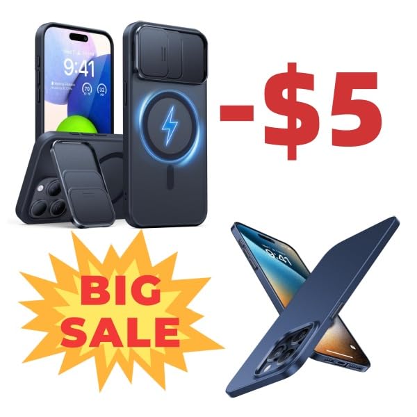TORRAS Durable Slide Camera Cover, Kickstand & Slim Fit Ultra Thin Blue Case for iPhone 15 Pro