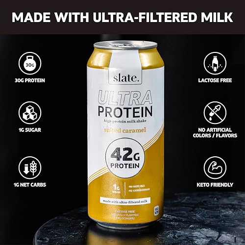 Image of Slate Milk -Ultra Protein Shake-Salted Caramel-42g Protein,1g Sugar,180 Calories,1g Net Carbs-Lactose Free,No Added Sugar-Made with Ultra Filtered Milk- Breakfast Boost,Post Workout- 15 fl oz,12 Cans