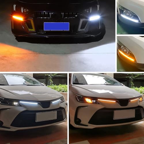 OtpOutopa DRL LED Strip Car Daytime Running Light, 2Pcs White Automobile Decorative Warning Lights, Amber Streamer Flow Turn Signal Strip Bar, Bendable Waterproof Indicator Lamps (6.7inch)
