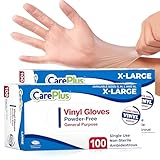 Care Plus Disposable Vinyl Gloves, Powder Free, Clear, Latex Free, Allergy Free, Extra Large, 100 Gloves In A Box Pack Of 2