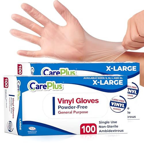 Image of CARE PLUS Vinyl Gloves Clear Extra Large Size 200 Count | Heavy Duty, Non-Sterile, Powder-Free, Latex-Free Rubber | Food Prep, Kitchen & Cleaning Gloves, Ideal for Professional Use