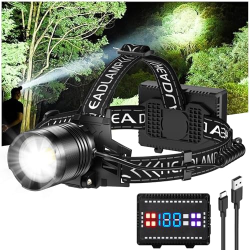 Cinlinso Headlamp Rechargeable, 3000 Lumens Super Bright LED Head Lamp with 4 Modes, 90° Adjustable Head Lights for Forehead, IPX6 Waterproof HeadLamps for Adults Camping Hunting