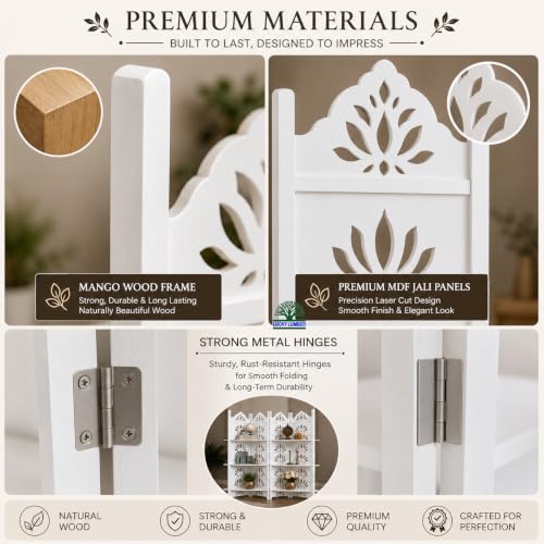 Image of Wooden Room Divider Partition with Display Shelves for Living Room | Foldable 4 Panel Decorative Privacy Screen Separator for Home, Office & Bedroom | (White with Shelves)