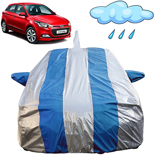 Image of Autofact Waterproof Car Body Cover Compatible with Hyundai Elite I20 (2014 to 2020) with Mirror and Antenna Pockets (Blue Stripes with Shinning Silver Fabric /Waterproof Cover)