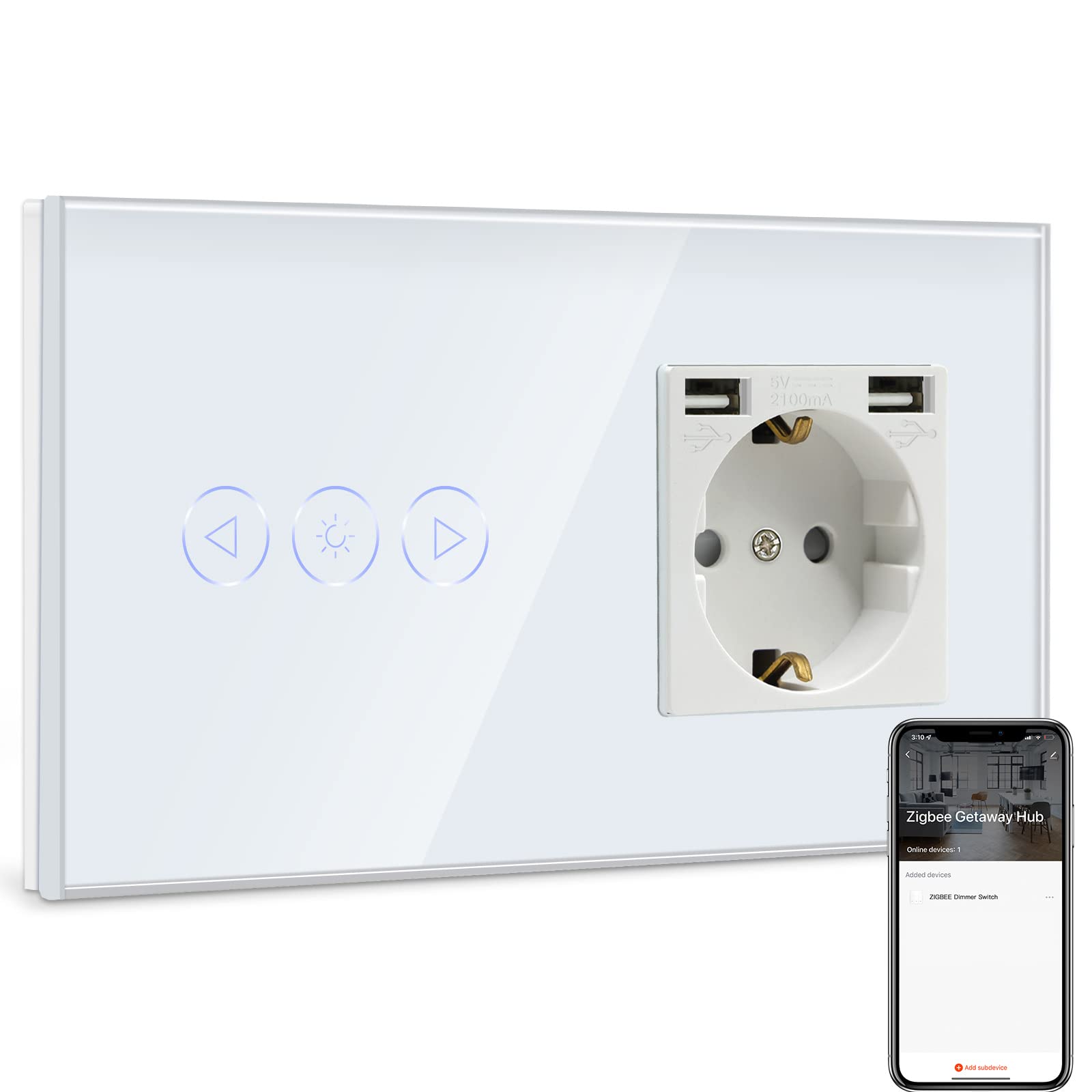BSEED BSEED Normal Steckdose mit Smart ZigBee Dimmer Lichtschalter Kompatibel mit Alexa,Google Home, 1 Fach 1 Weg Lichtschalter mit USB Steckdose (Max. 2.1A) Weiß (Tuya Hub benötigt)