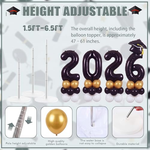 4 Sets 5 ft Graduation 2026 Balloons Column Stand Kit Jumbo Black 2026 Grad Cap Balloon Tower Pillar with Reusable Metal Telescopic Design for Class of 2026 High School College Graduation Party by Foilswirl - Used condition - Image 3
