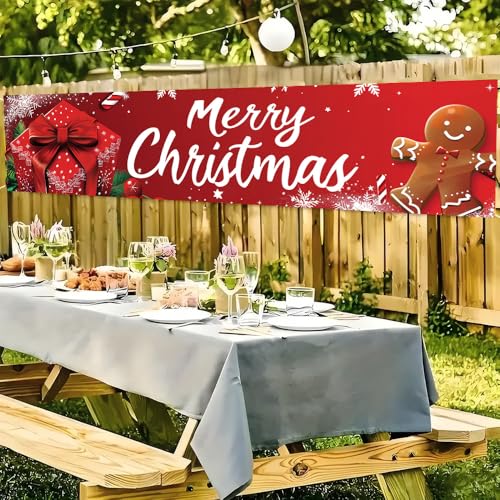 Image of Red Gift Box Christmas Banner 78.7 x 17.7 Inch Gingerbread Candy and Ribbon Bow Design Holiday Backdrop for Home Yard Garden Fence or Indoor Wall Decoration Celebration Display