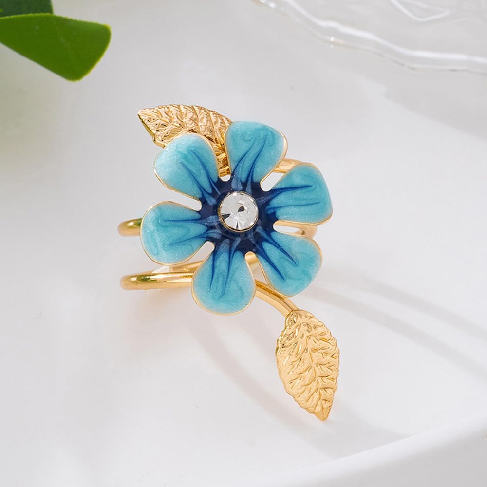 NewZenro Elegant CZ Flower Enamel Ring for Women Gold-Tone Plated Chic Crystal Floral Leaf Statement Finger Wrap Band Rings Comfort Fit Engagement Wedding Party Prom Fashion Jewelry