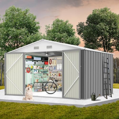 10 x 8 Ft Outdoor Storage Shed with Updated Frame Structure & Lockable Door, Waterproof Practical Garden Patio Lawn Poolside Metal Tool Shed Designed for Organization & Storage, Gray