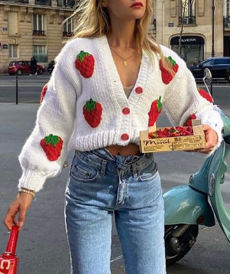 UAURORAO Women Oversized Cute Cardigan Fruit Embroidered Cropped Sweater Coat Button Chunky Knit Aesthetic Cardigans2