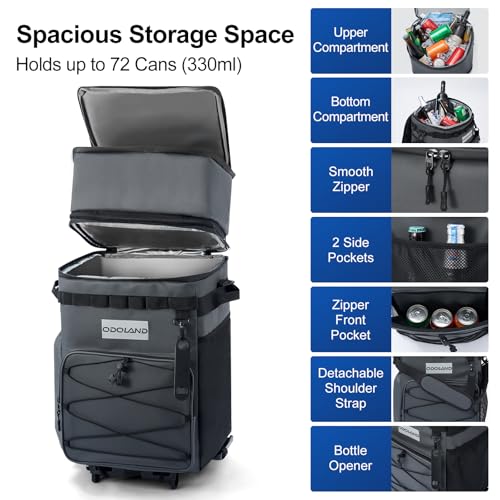 Image of Odoland 72 Can Rolling Cooler Bag with Wheels & Handle, Collapsible Insulated Ice Chest for Beach, Camping & Tailgating - Portable Travel Soft Cooler on Wheels, Collapses for Easy Storage