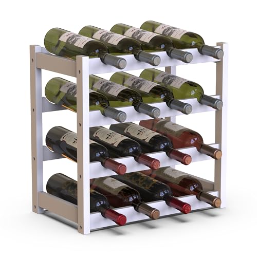 BAKAJI Cantinetta Portavino in Legno Bambù con 16 Scomparti per Vino Champagne, Portabottiglie da Terra, Cantina per Angolo Bar, Salotto, Cucina, Bistrot, Ristorante, 43.5 x 25 x 43 cm (Bianco)