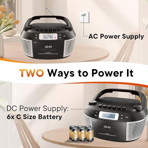 Lettore CD portatile con Bluetooth 5.0, radio AM/FM, cassetta a nastro, riproduzione USB, registratore, telecomando e jack per auricolari, alimentazione a batteria CA/per casa e viaggio