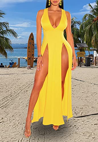 Image of Women's Sexy V Neck Sleeveless High Split Club Party Maxi Dresses