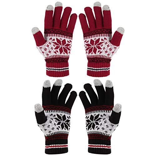 Gitua 2 Paar Touchscreen Handschuhe, Damen Winterhandschuhe Winddichte Strick Fäustlinge Handschuhe für Skifahren Radfahren Wandern