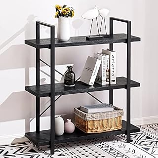 APICIZON 3-Tier Bookshelf, Industrial Small Ladder Shelving Display Unit for Living Room, Bedroom, Bathroom, Book Case with Metal Frame, Black, 90 x 32 x 105 cm
