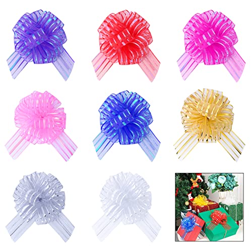 8 Pack Organza Pull Bow Gift Wrapping Bows, Multicolor Christmas Ribbon Pull Bows For Wedding Gift Baskets, Party Gift Wrap Bows, New Year Presents Decorating Bows 6 Inch Diameter #TOP29