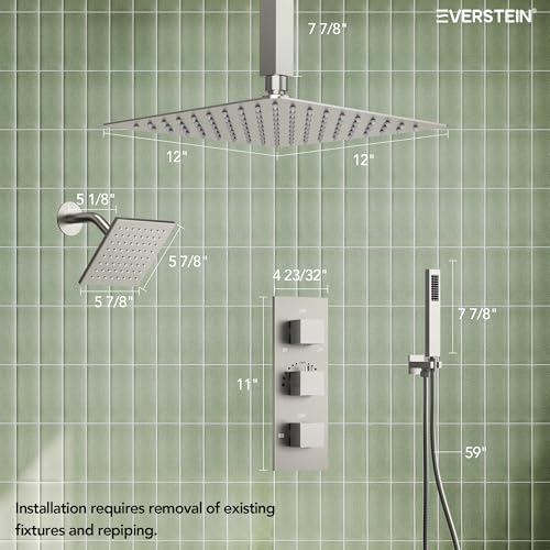 Sistema de ducha de lluvia doble para montaje en techo 12" con rociador manual, set de baño con válvula (Níquel cepillado) miniatura 7