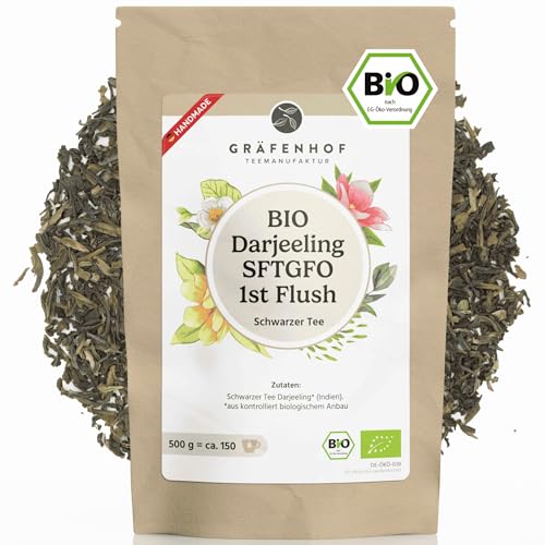 Darjeeling First Flush Bio Tee 500g (50+ Tassen) Premium loser Schwarztee feinste blumige Note ganze lose Blätter direkt aus Indien analysiert und geprüft naturbelassen in DE abgefüllt