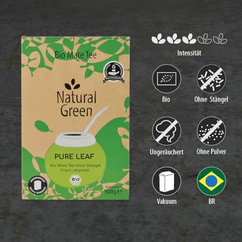 Delicatino - Natürliches Grün PURE LEAF 500g, Organische Yerba Mate ohne Stängel, frisch und rauchfrei, Ökologischer Anbau, Vakuumverpackt für maximale Frische