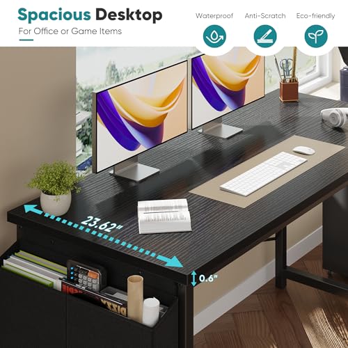 Image of OLIXIS Computer Desk, 63 Inch Gaming Desks for Home Office Small Spaces | Writing Study Craft Work Table, Computer Workstation for Bedroom with Storage Bag, Black
