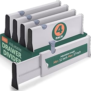 Adjustable Drawer Dividers, [4 Pack] Adjusting Length from 11 Inch – 17 Inch. Tall Drawer Organizers for Clothes, Locks in Place, Use for Bedrooms, Bathroom, Kitchen & Office Organization and Storage.