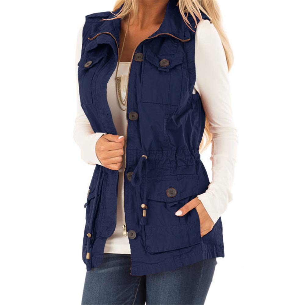 Koodred Women's Casual Military Utility Vest Lightweight Sleeveless Drawstring Jackets with Pockets