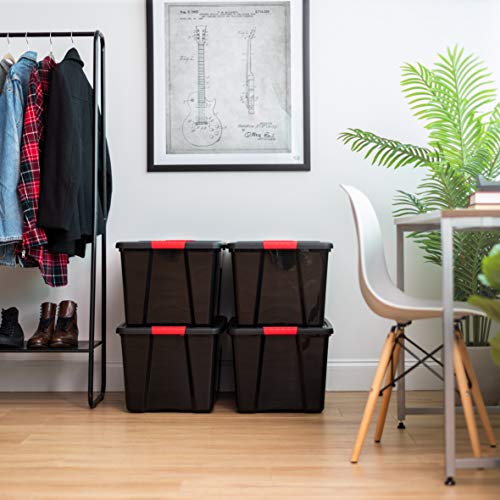 Image of IRIS USA 72 QT Plastic Storage Box with Lid and Latches - 4 Pack - BPA-Free, Garage Organizing Solution, Durable Nestable Stackable Containers, Secure Pull Handle - Black