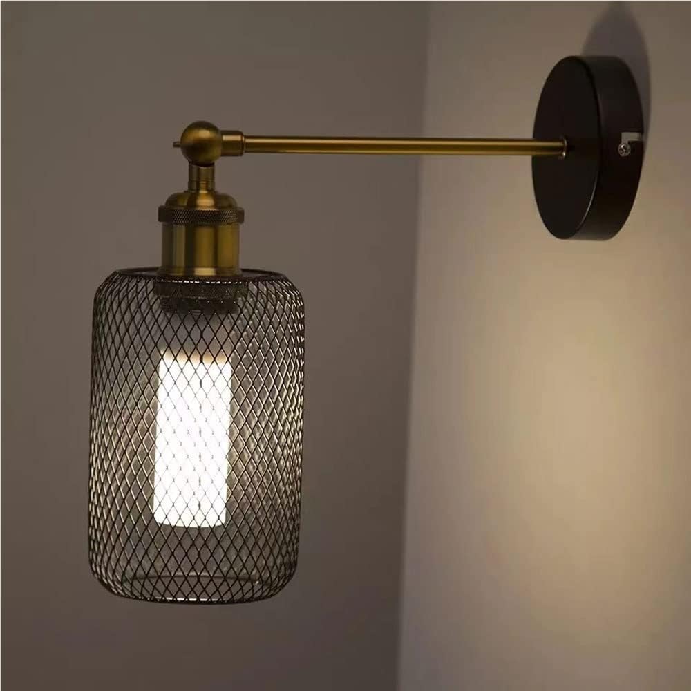Applique da Parete Industriale Vintage, da da Parete con ano reabile, Gabbia in Rete Metallica Nera, Dettagli in Ottone, Base E26/E27, da da Parete a 1 Luce per Camera da Letto, soggi