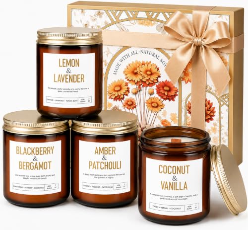 Scented Candle Gift Set 4 Pack Wooden Wick Natural Soy Candles for Home