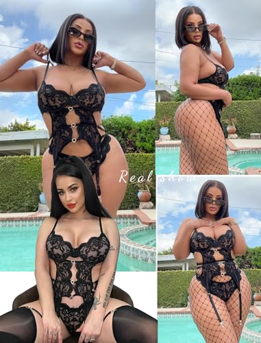 Avidlove Sexy Garter Lingerie Set for Women Lace Bodysuit Cut Out Rhinestone Underwire Teddy with Panty (No Stockings)2