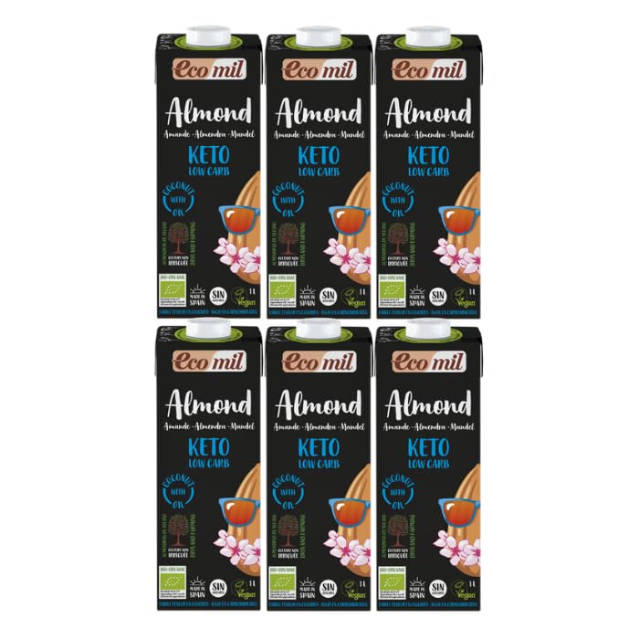 Ecomil - Bebida Vegetal de Almendras, Pack 6 x 1 Litro, Fruto Seco Ecológico, Sin Gluten, Sin Azúcares Añadidos, Apta para Dietas Keto y Veganas