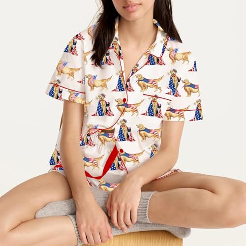 Image of Argeousgor Women 4th Of July Pajama Sets American Flag Short Sleeve Shirt and Shorts 2 Piece Independence Day Pajamas Set