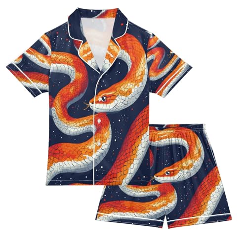 Satin Pajama Sets Short Sleeve Watercolor Orange Snake Pattern Button Down Silky Nightwear 2 Piece PJS 5-14Y