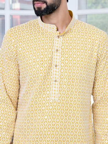 Image of See Designs Men's Full Sleeve Mandarin Collar Embroidered Thread Work Sequinned Rayon Straight Long Kurta - Festive Collection