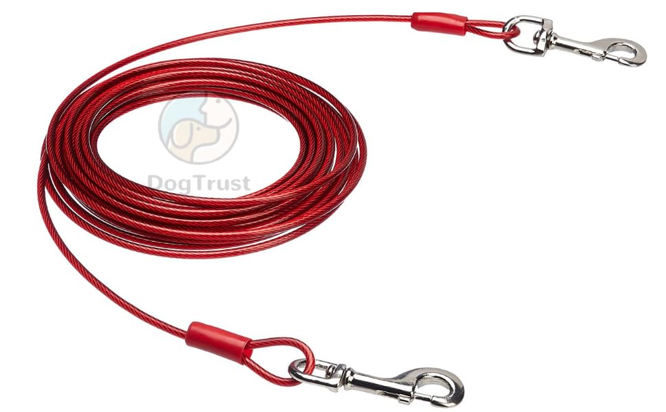 Dog Trust Heavy-Duty 12 Ft Dog Tie-Out Cable/Leash Break Strength Galvanized Braided Steel PVC Coating Chew Proof Lead for Small & Large Pets.Great for Yard,Camping,Running,Park,Outside (,Red) (12FT)
