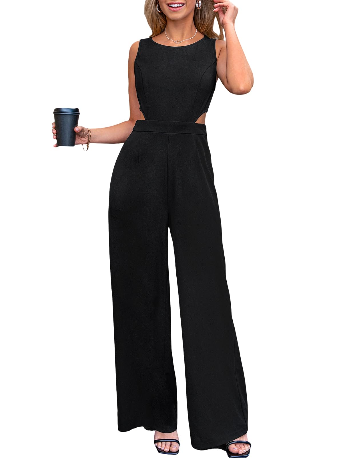 CUPSHE Tuta da donna con scollo rotondo senza maniche, schiena scoperta, gamba lunga, casual, elegante