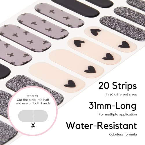 Nailog Semi Cured Nail Strips (20 Extra Long Gel Nail Strips) │ Glossy & Long Lasting Nail Polish Stickers, Nail Wraps With Soft Gel Finishing │Black Little Heart #TOP3