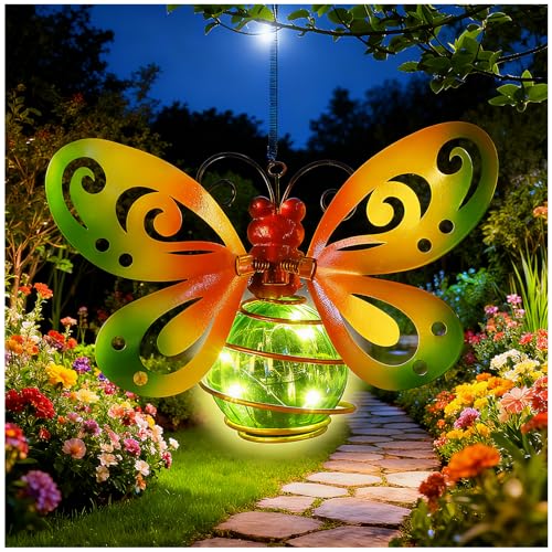 Butterfly Garden Decor with Bouncy Springs Pendant Lights Birthday Gifts for Women Mom Grandma Hanging Solar Lights Outside Waterproof Metal Solar Outdoor Decoration for Yard Porch Patio Backyard