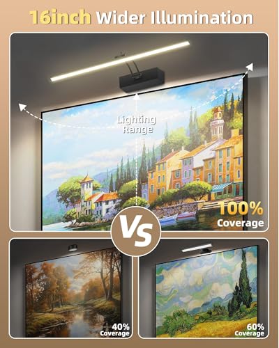 Image of 4 Pack Rechargeable Picture Light, 5200mAh Black Battery Operated Picture Lights for Wall with Remote Control, 300LM 3000K Warm White Light 16 inch Metal Dimmable Picture Light for Painting & Artwork