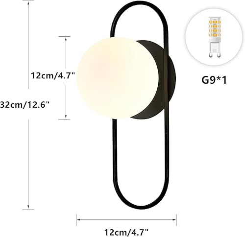 Miniatura 2 de Aplique de pared redondo moderno de mediados de siglo, 1 luces, globo negro, lámpara de pared minimalista de cristal blanco para baño, lámpara de